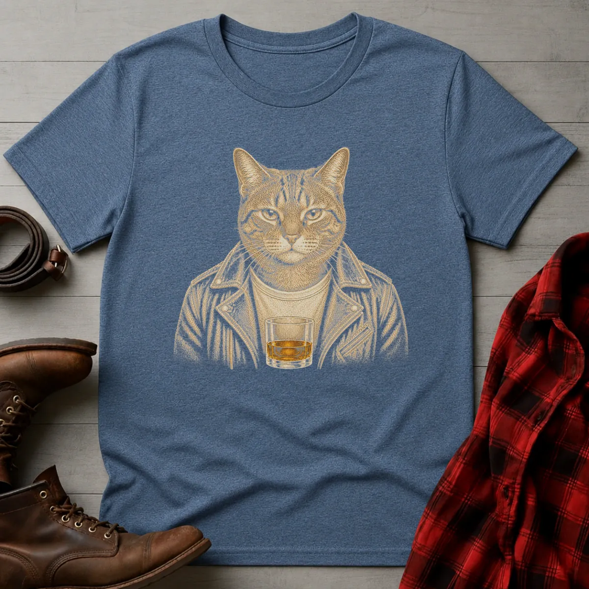 Whiskey Cat Tabby Leather Jacket T-Shirt