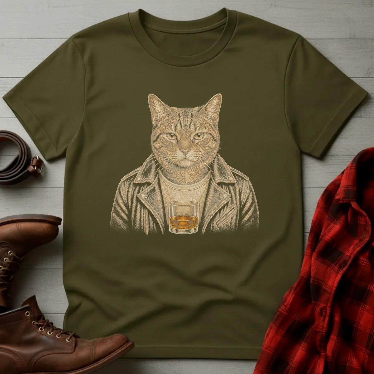 Whiskey Cat Tabby Leather Jacket T-Shirt