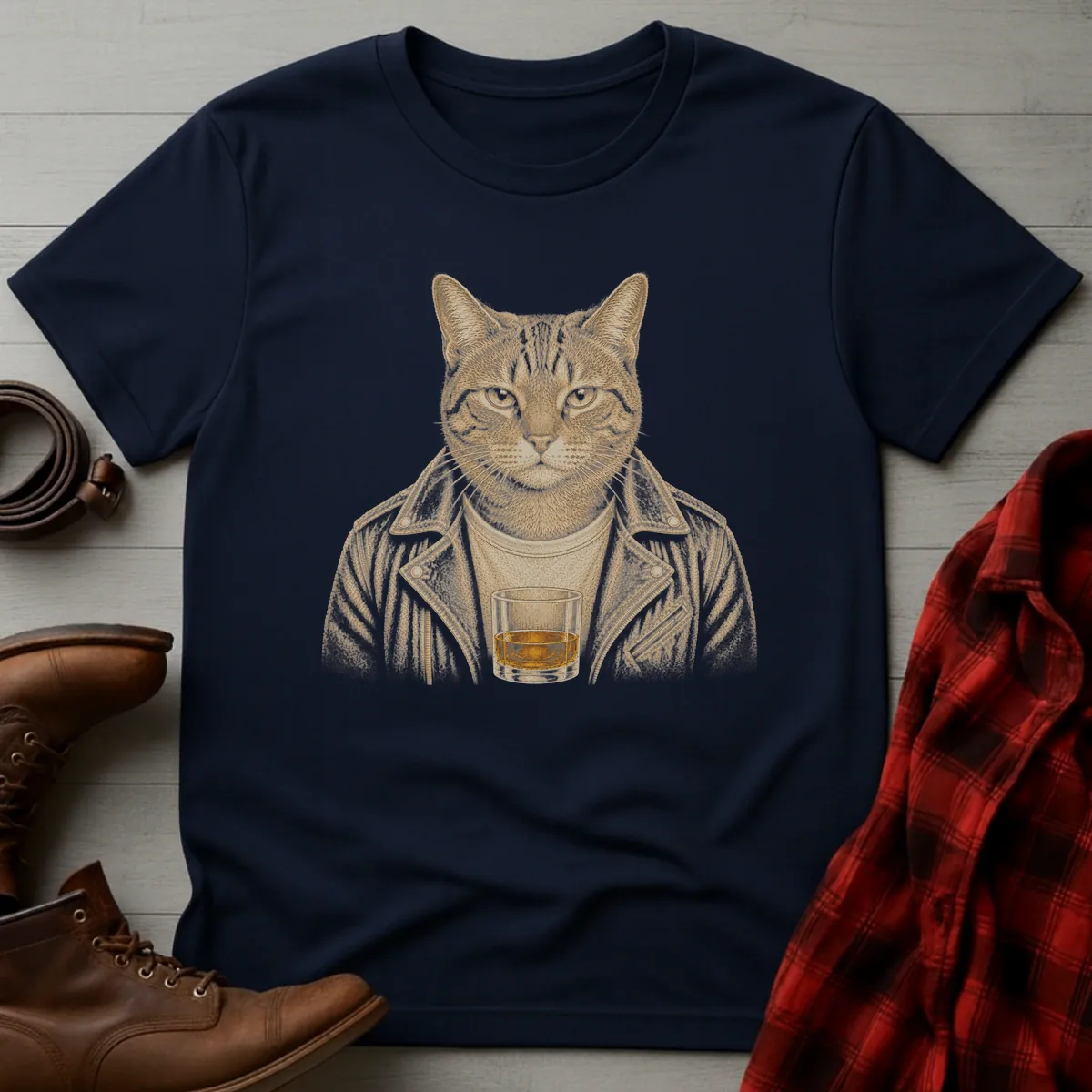 Whiskey Cat Tabby Leather Jacket T-Shirt