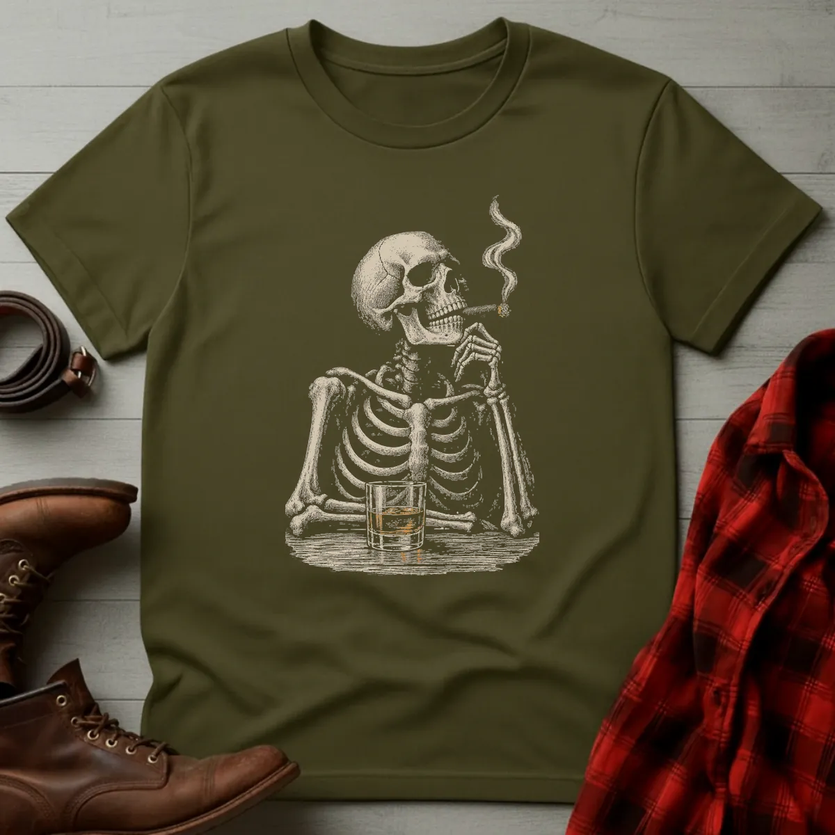 Skeleton Whiskey Cigar Break T-Shirt