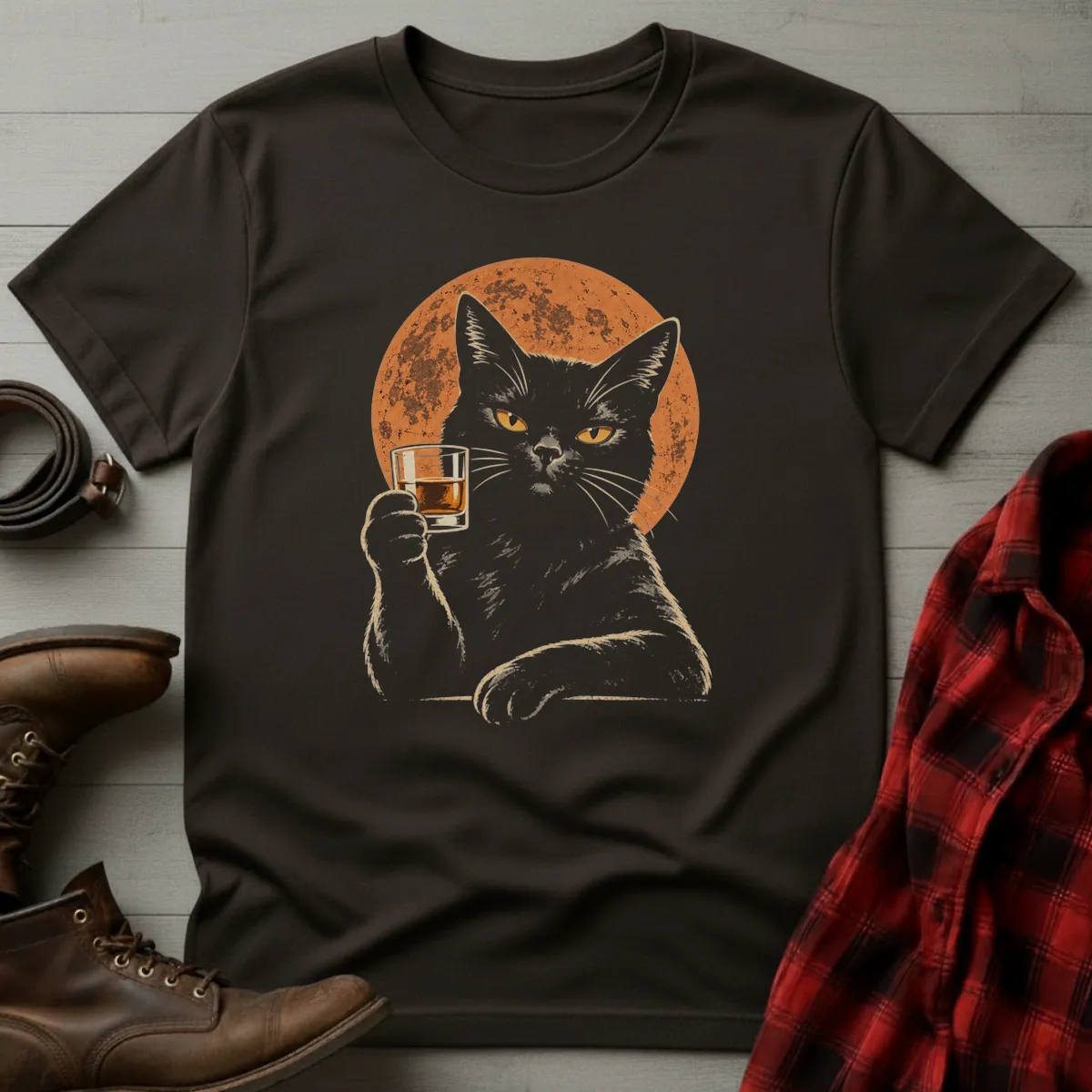 Whiskey Cat Full Moon Toast T-Shirt