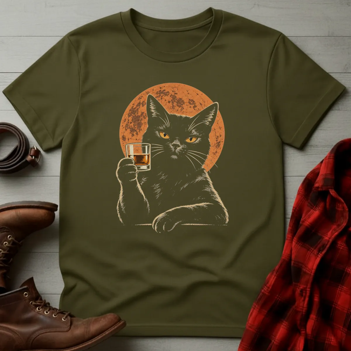 Whiskey Cat Full Moon Toast T-Shirt