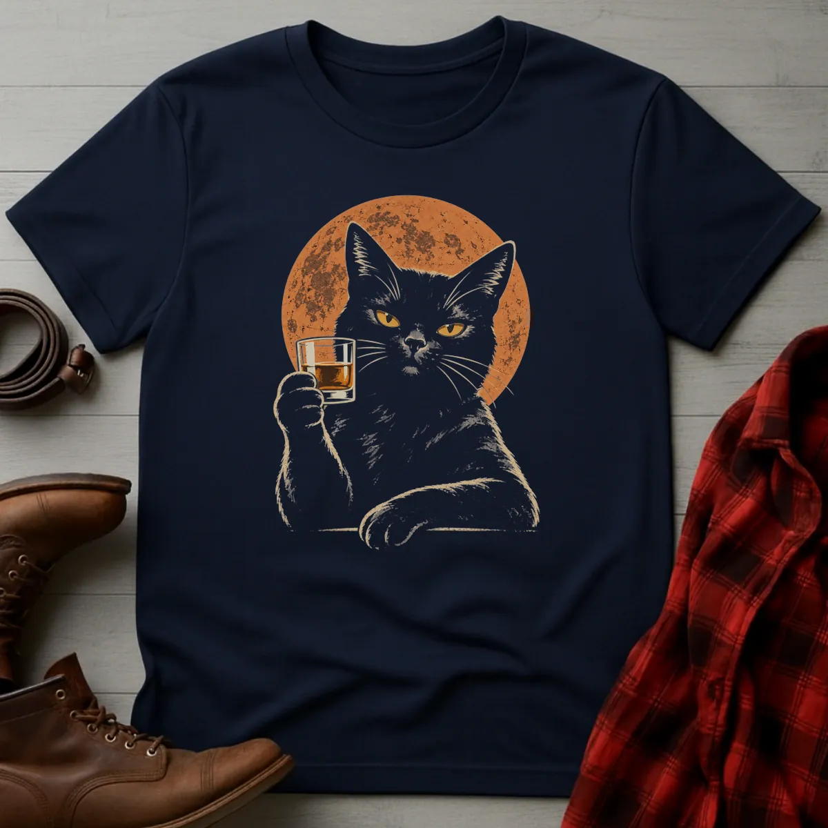 Whiskey Cat Full Moon Toast T-Shirt