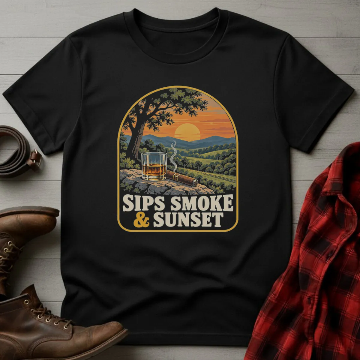 Sips Smoke & Sunset Whiskey T-Shirt