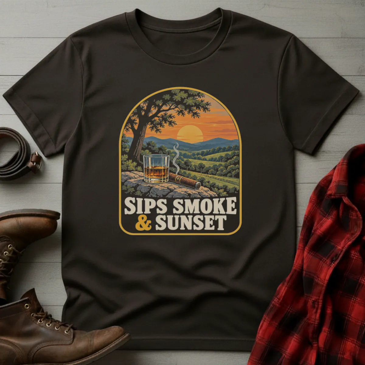 Sips Smoke & Sunset Whiskey T-Shirt