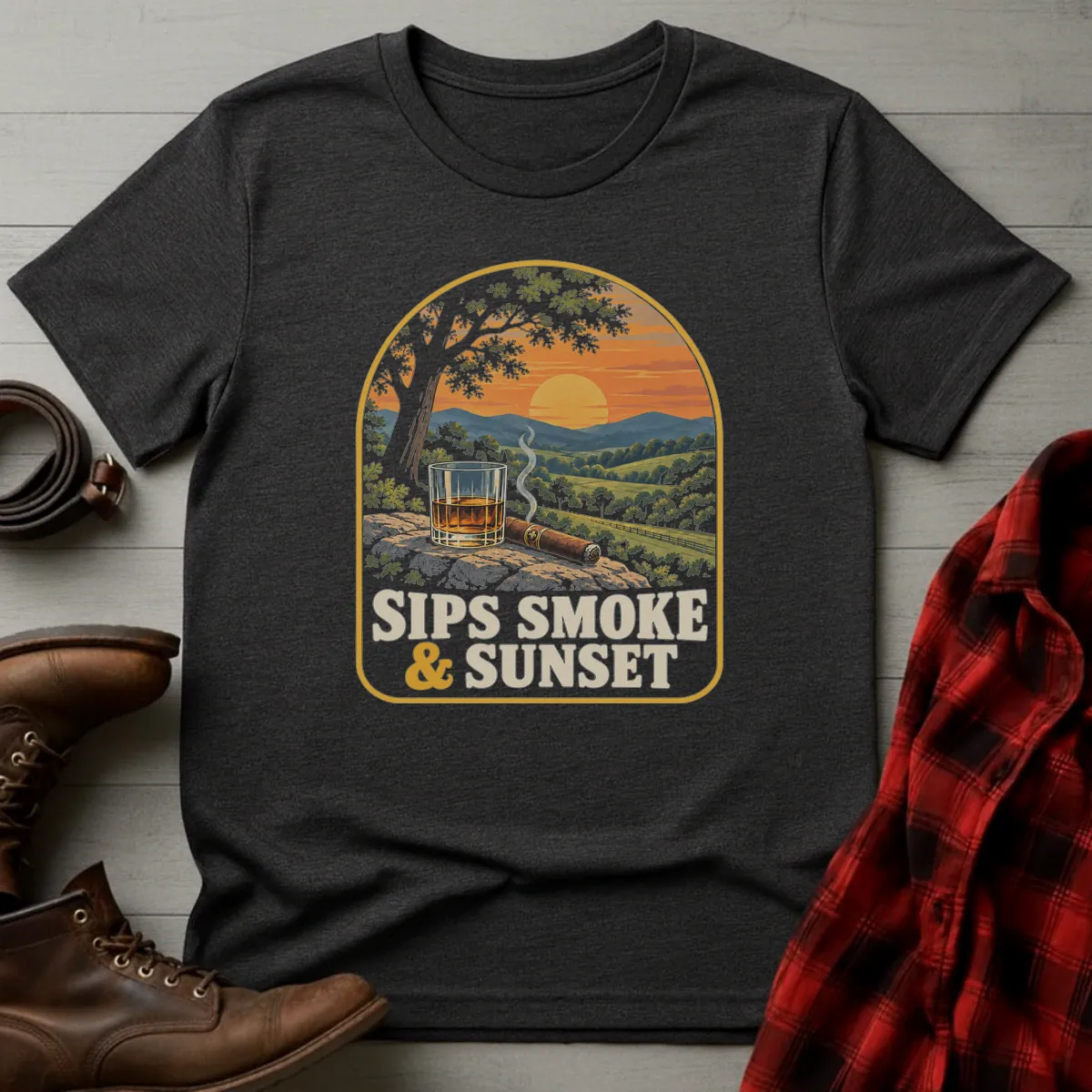 Sips Smoke & Sunset Whiskey T-Shirt