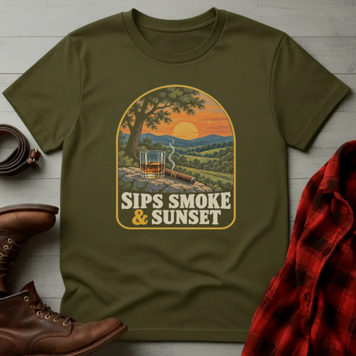 Sips Smoke & Sunset Whiskey T-Shirt