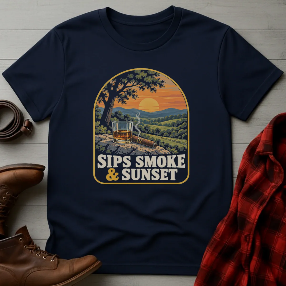 Sips Smoke & Sunset Whiskey T-Shirt