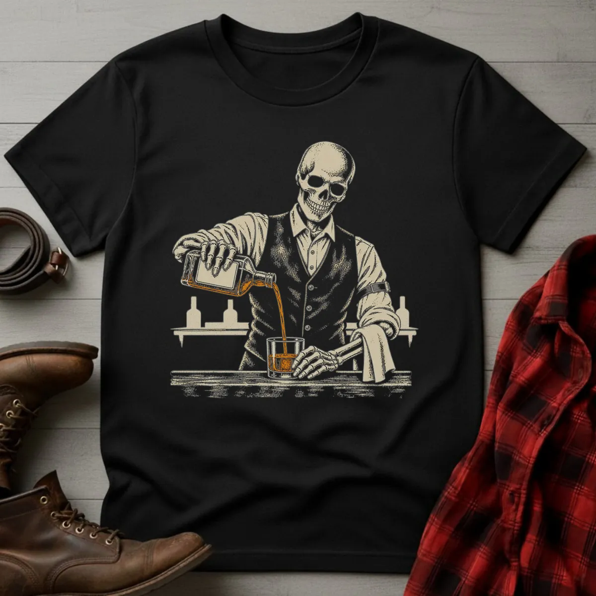 Skeleton Bartender Whiskey T-Shirt