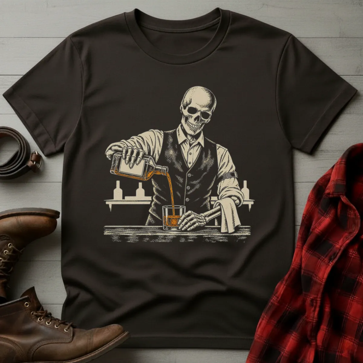 Skeleton Bartender Whiskey T-Shirt
