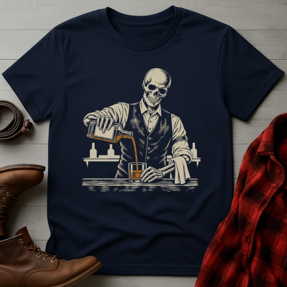 Skeleton Bartender Whiskey T-Shirt