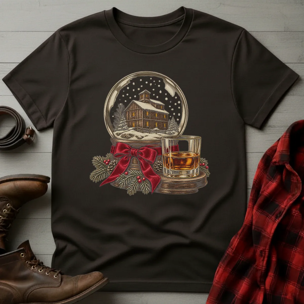 Winter Rickhouse Whiskey Snow Globe T-Shirt
