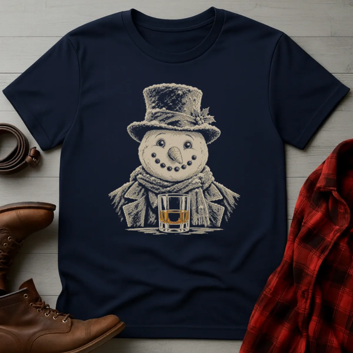 Jolly Snowman Whiskey Portrait T-Shirt