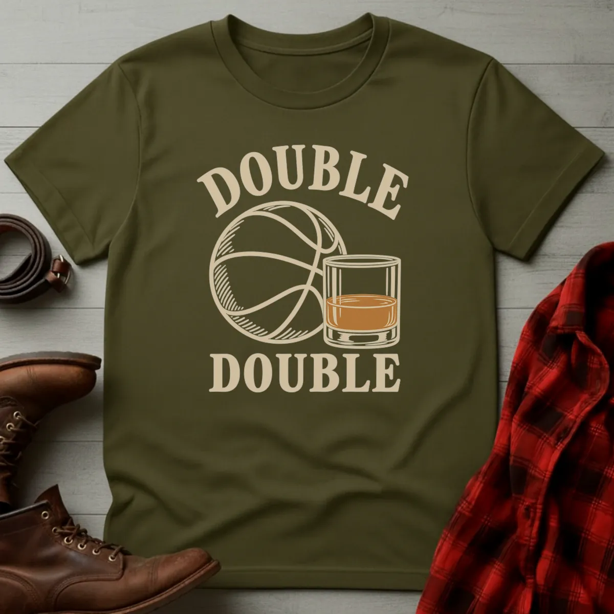 Double Double Basketball & Bourbon T-Shirt Military Green / S