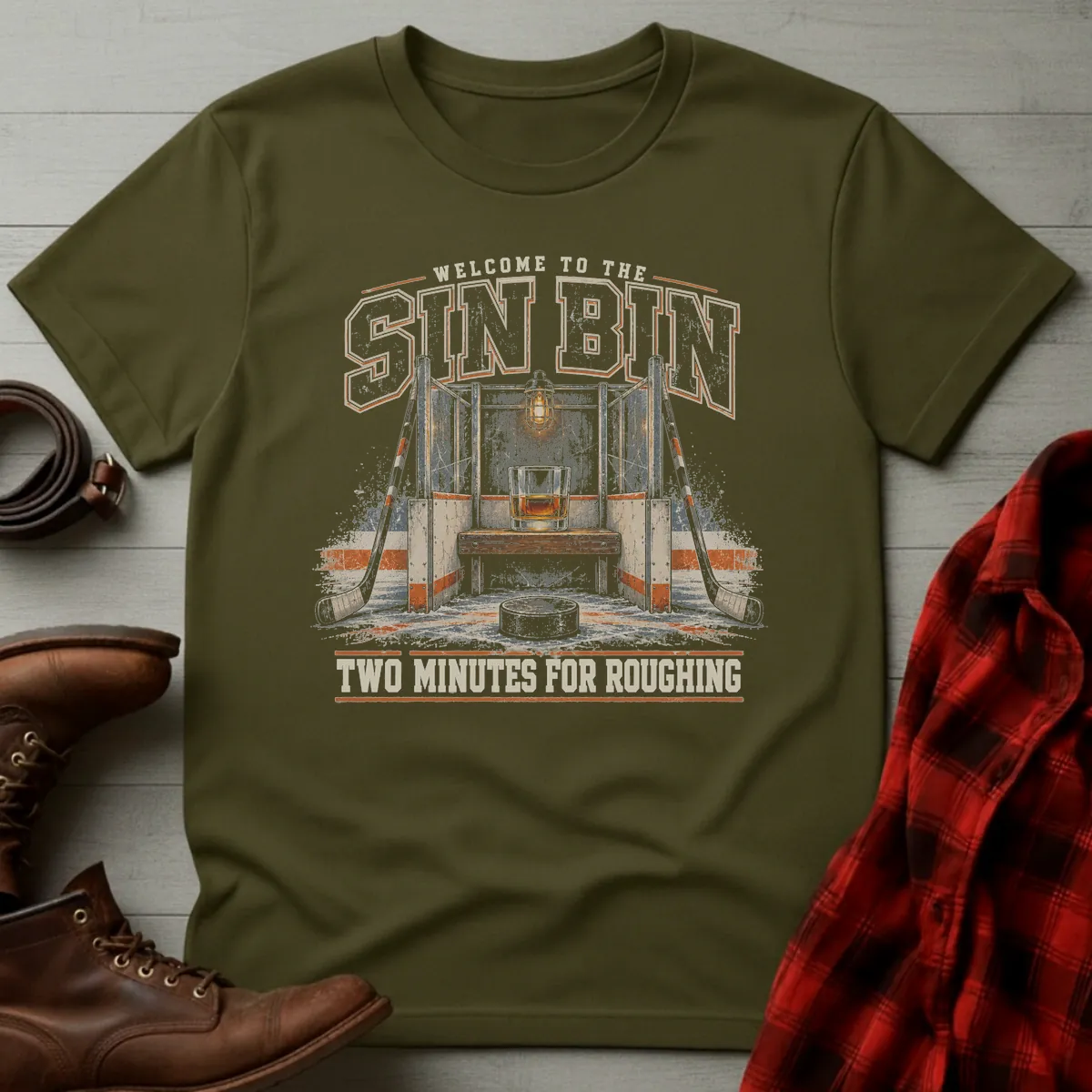 Sin Bin Whiskey Hockey T-Shirt Military Green / S