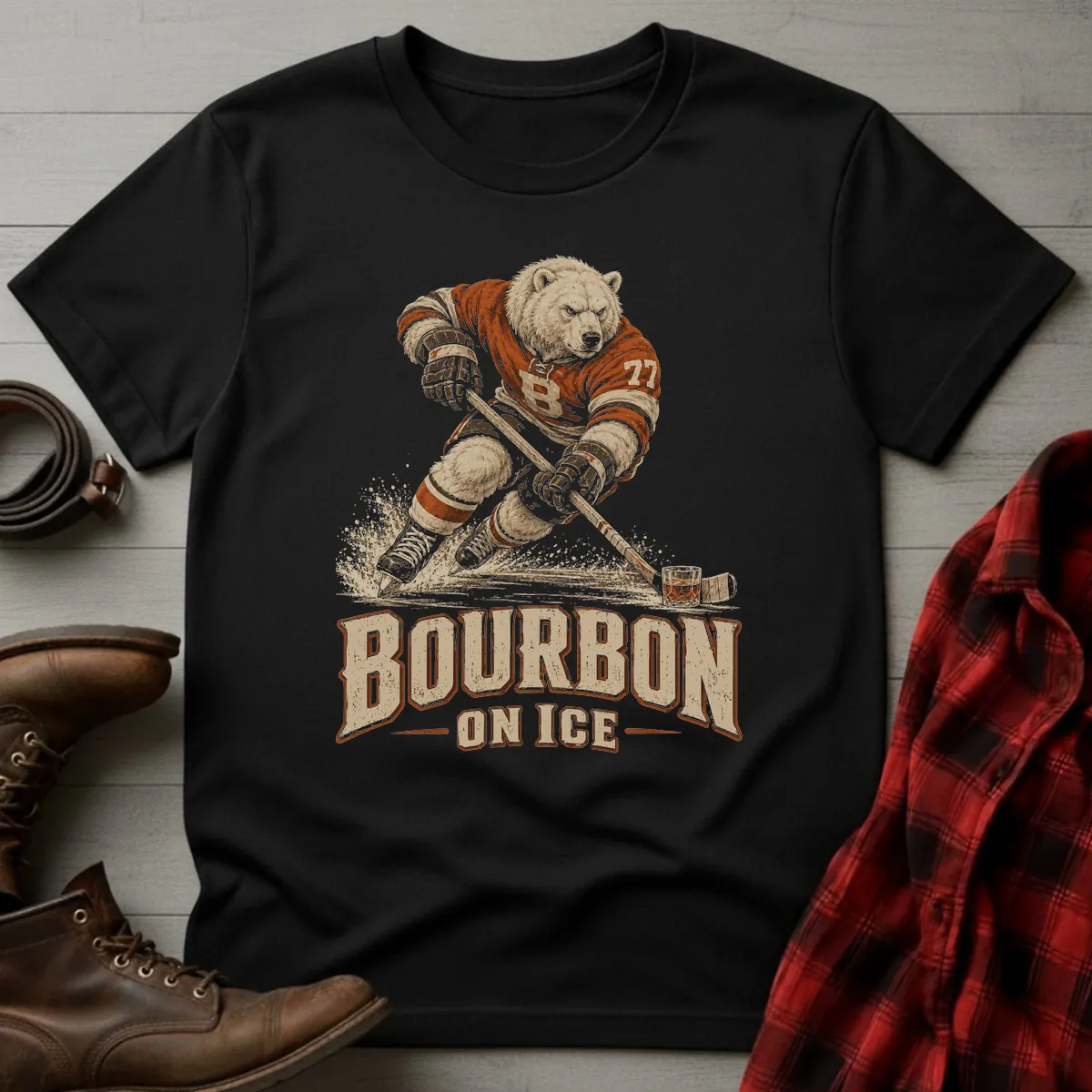 Bourbon on Ice Polar Bear Hockey T-Shirt Black / S