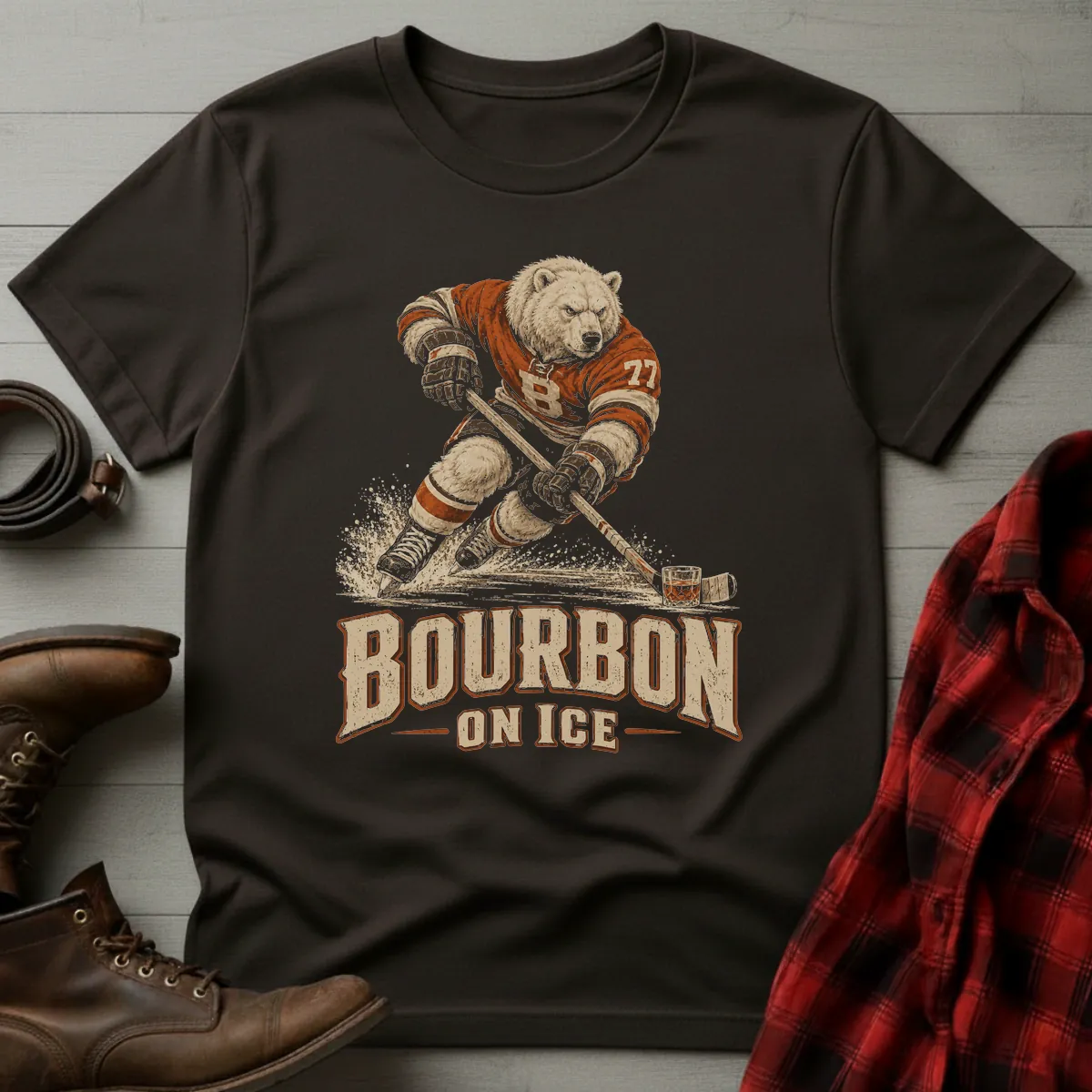 Bourbon on Ice Polar Bear Hockey T-Shirt Dark Chocolate / S