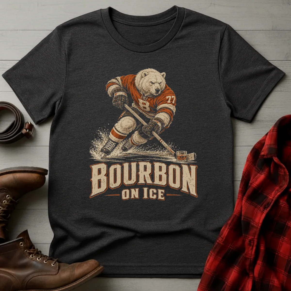 Bourbon on Ice Polar Bear Hockey T-Shirt Dark Heather / S