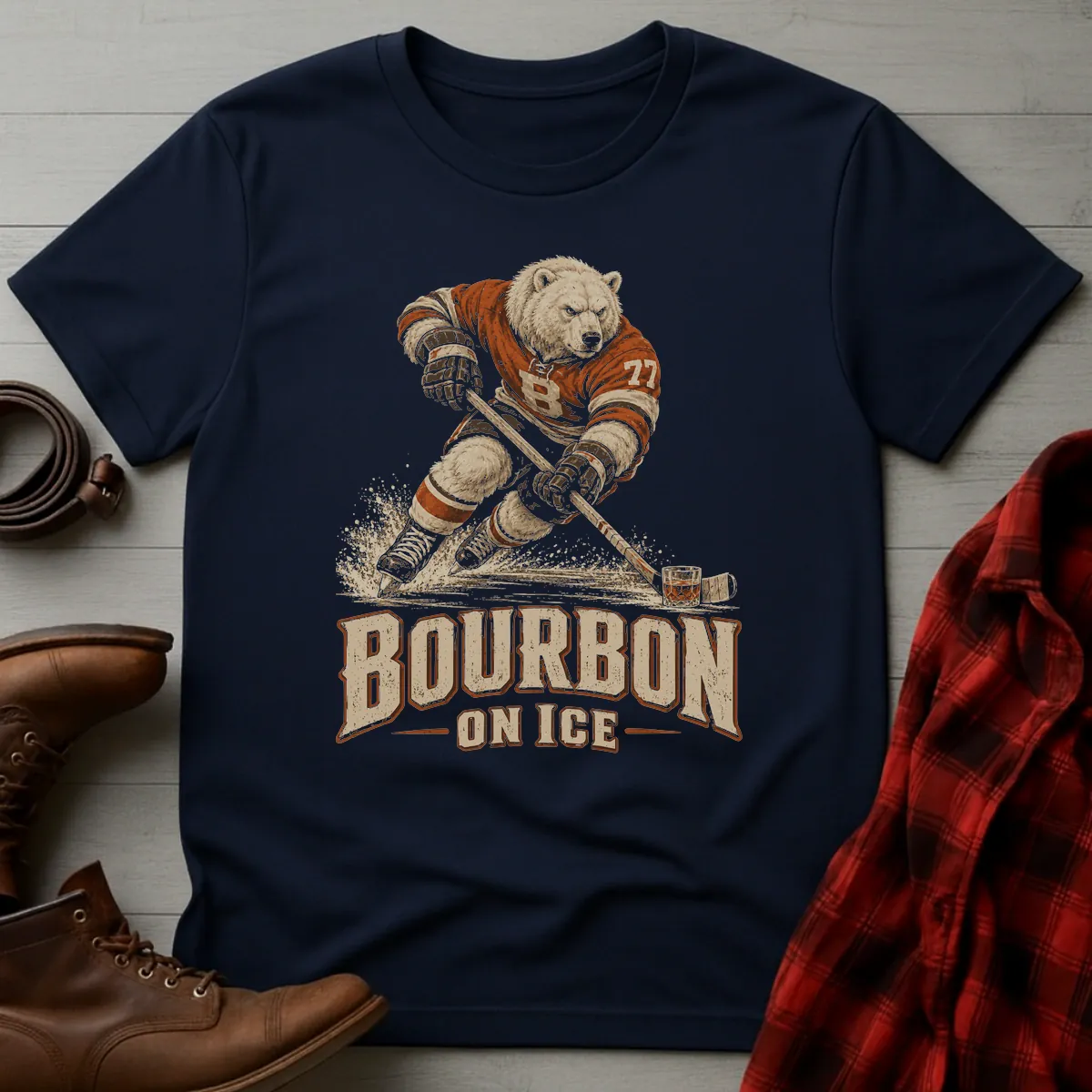 Bourbon on Ice Polar Bear Hockey T-Shirt Navy / S