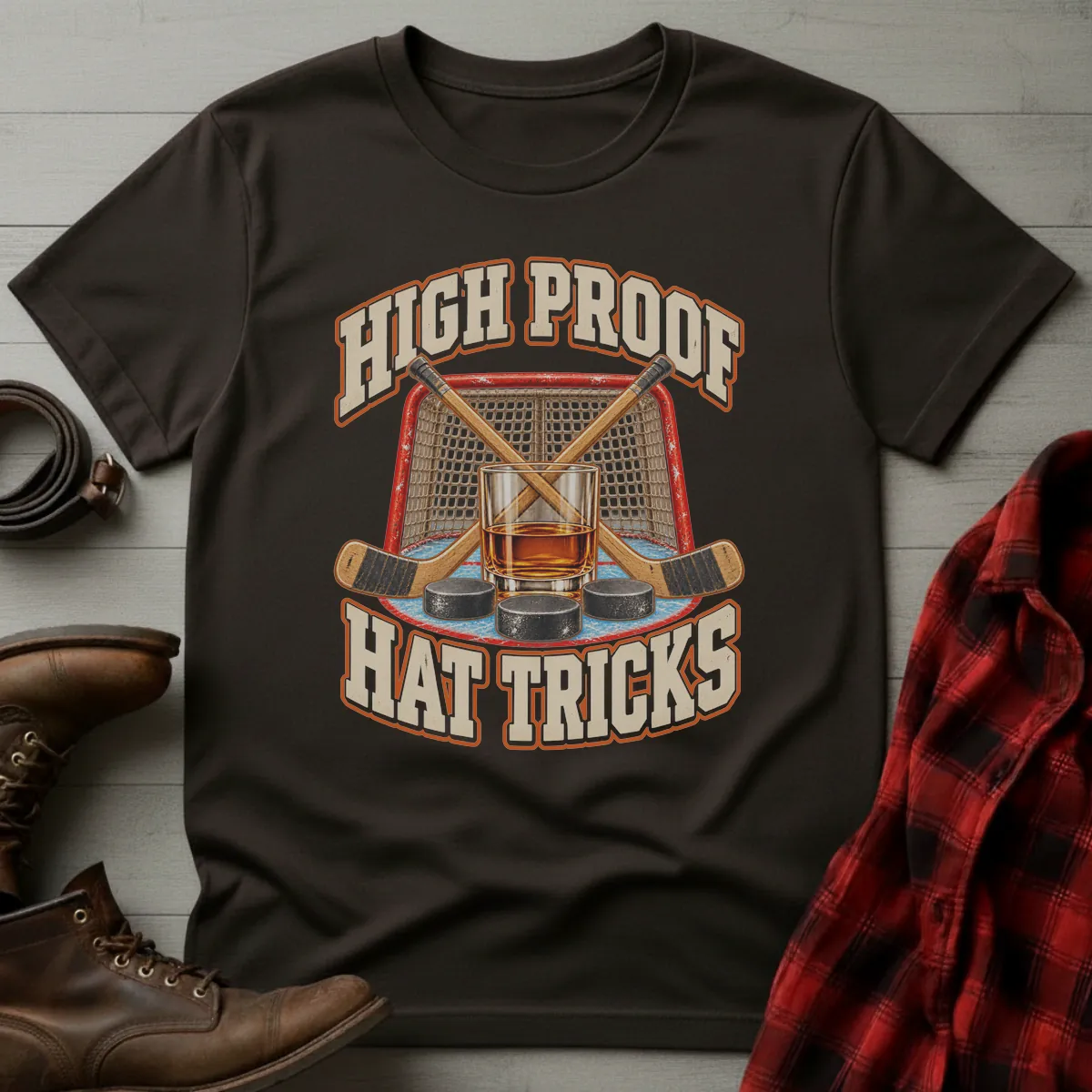 High Proof Hat Tricks Hockey T-Shirt Dark Chocolate / S