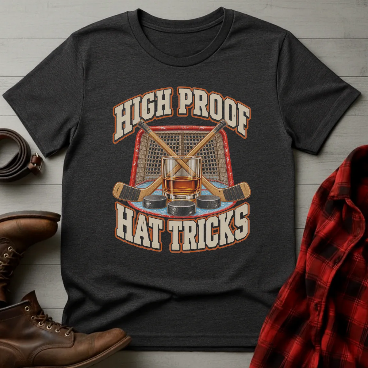High Proof Hat Tricks Hockey T-Shirt Dark Heather / S
