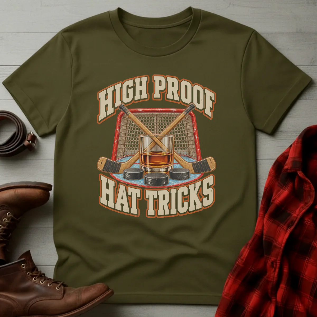 High Proof Hat Tricks Hockey T-Shirt Military Green / S