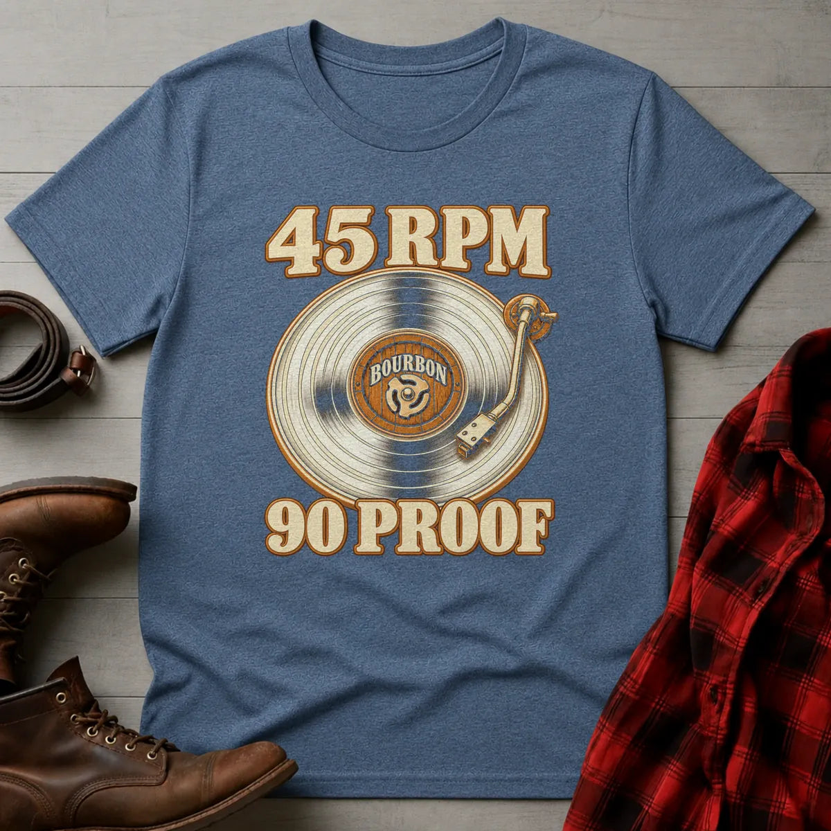 45 RPM 90 Proof Bourbon T-Shirt Heather Indigo / S