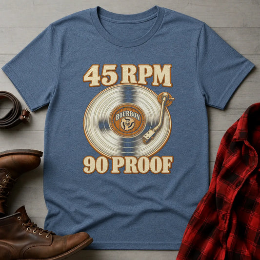 45 RPM 90 Proof Bourbon T-Shirt Heather Indigo / S