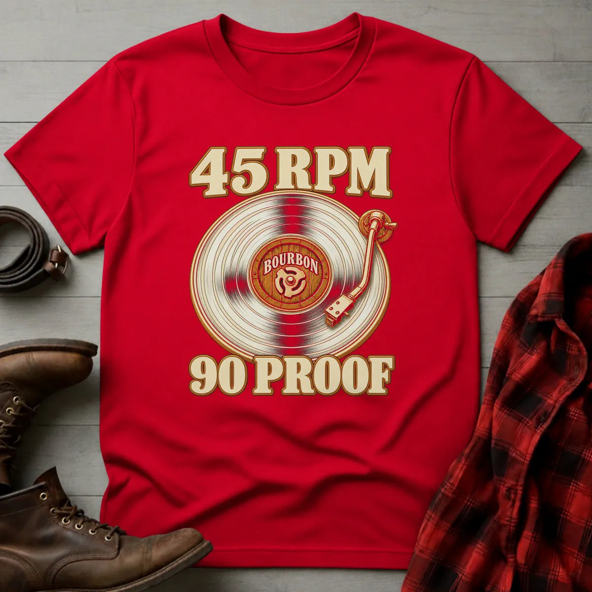 45 RPM 90 Proof Bourbon T-Shirt Red / S