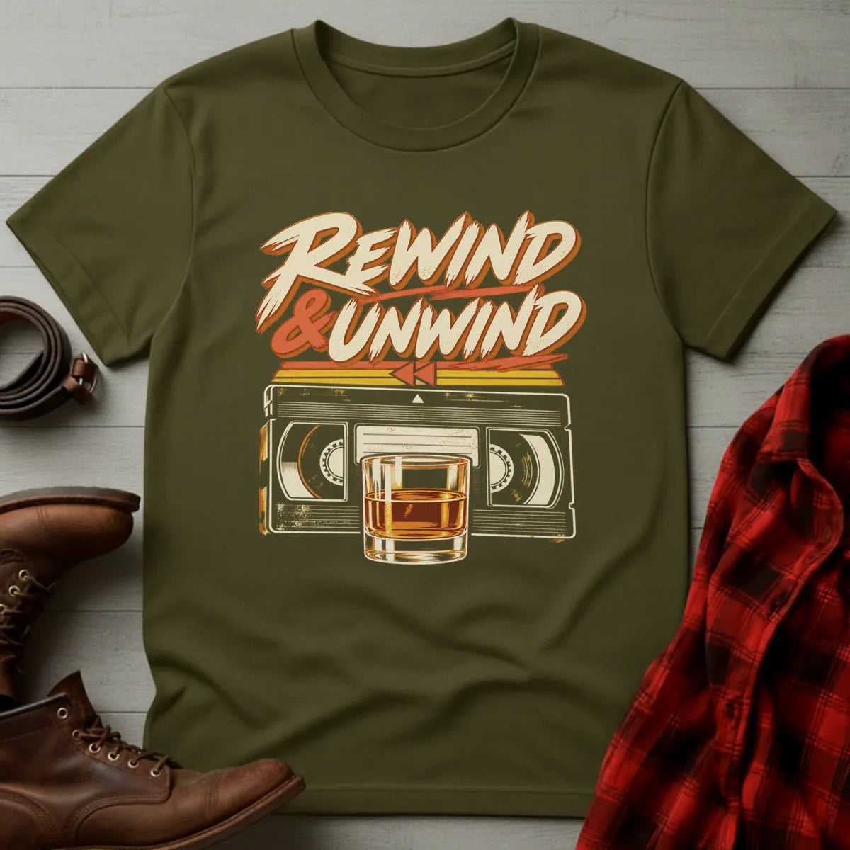 Rewind & Unwind Whiskey T-Shirt Military Green / S