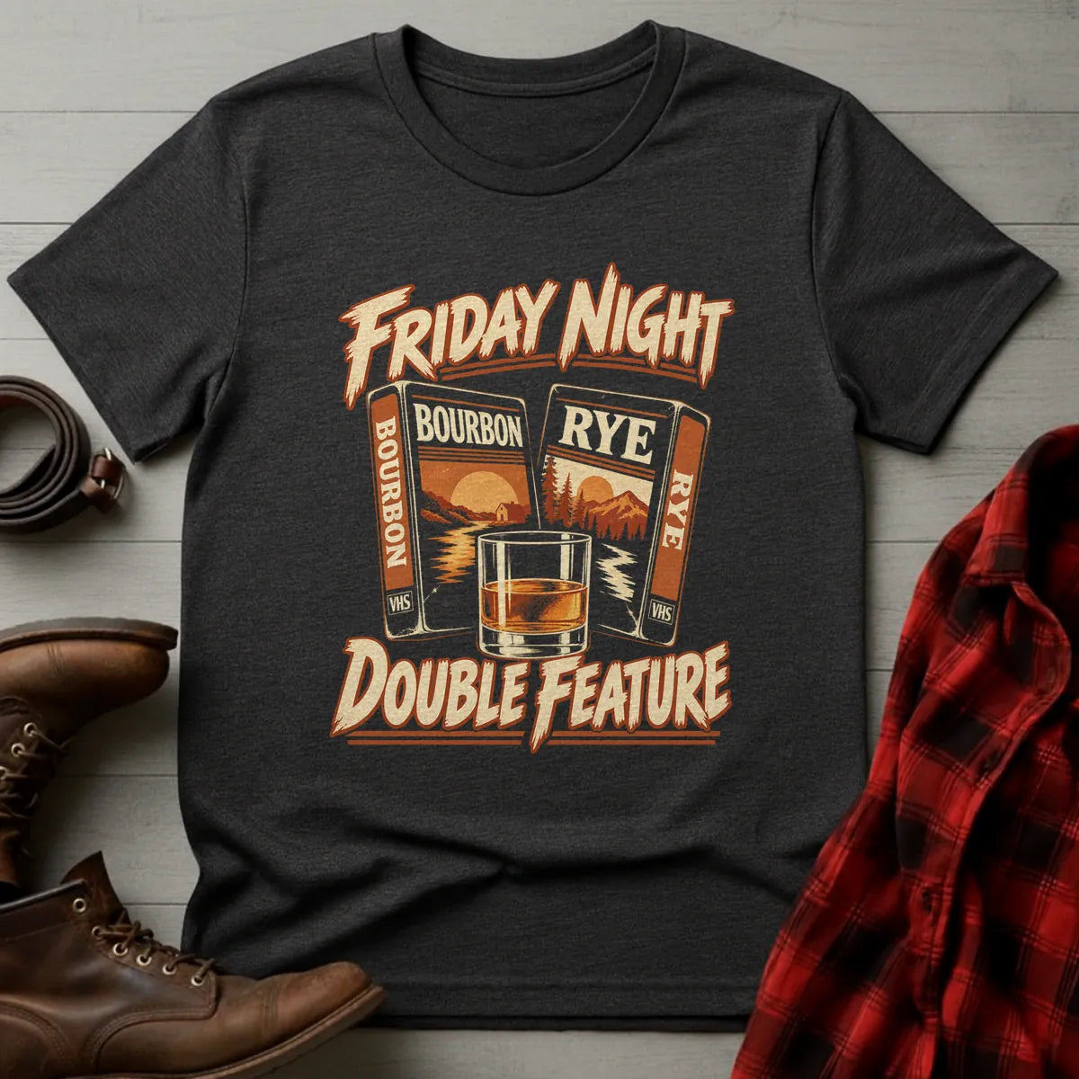 Friday Night Double Feature Whiskey T-Shirt Dark Heather / S