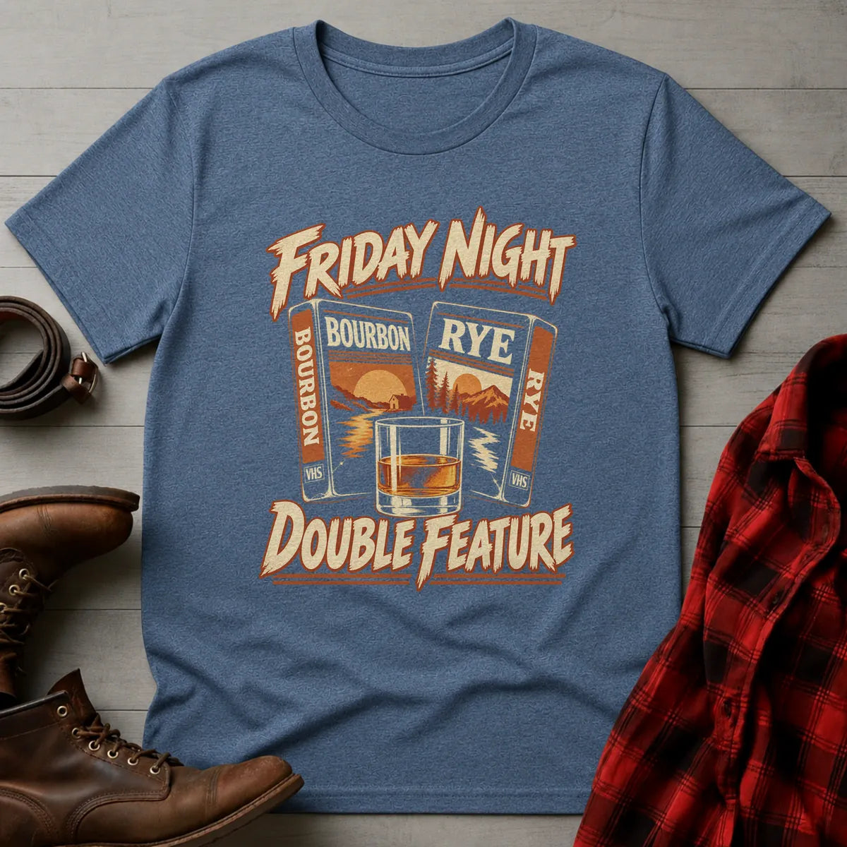 Friday Night Double Feature Whiskey T-Shirt Heather Indigo / S
