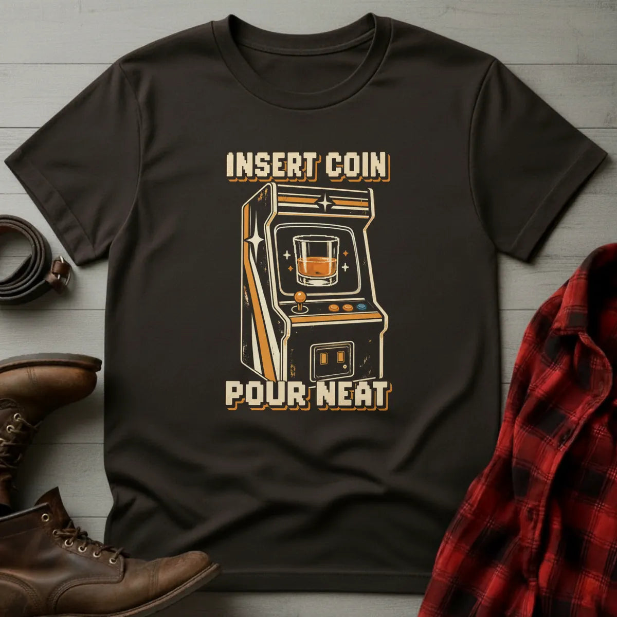Insert Coin Pour Neat Retro Arcade T-Shirt Dark Chocolate / S