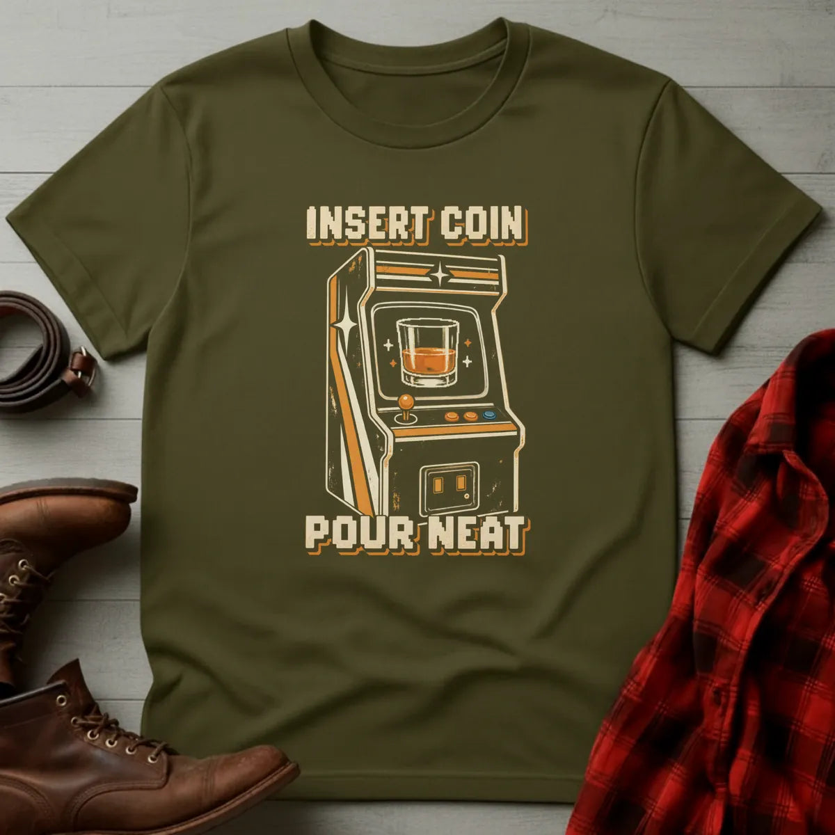 Insert Coin Pour Neat Retro Arcade T-Shirt Military Green / S