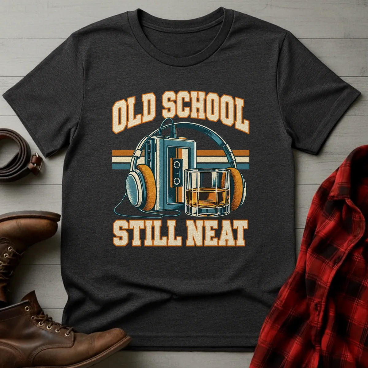 Old School Still Neat Retro Whiskey T-Shirt Dark Heather / S