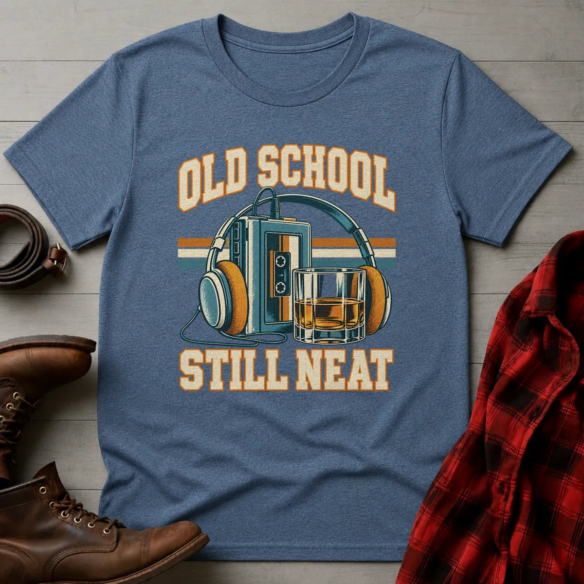 Old School Still Neat Retro Whiskey T-Shirt Heather Indigo / S