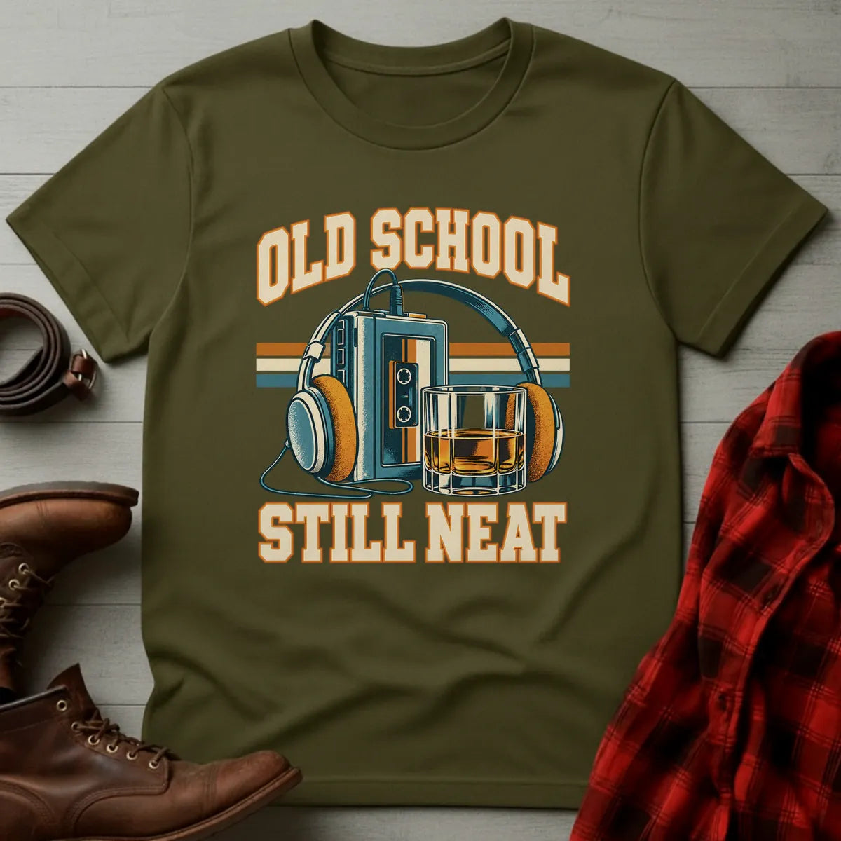 Old School Still Neat Retro Whiskey T-Shirt Military Green / S