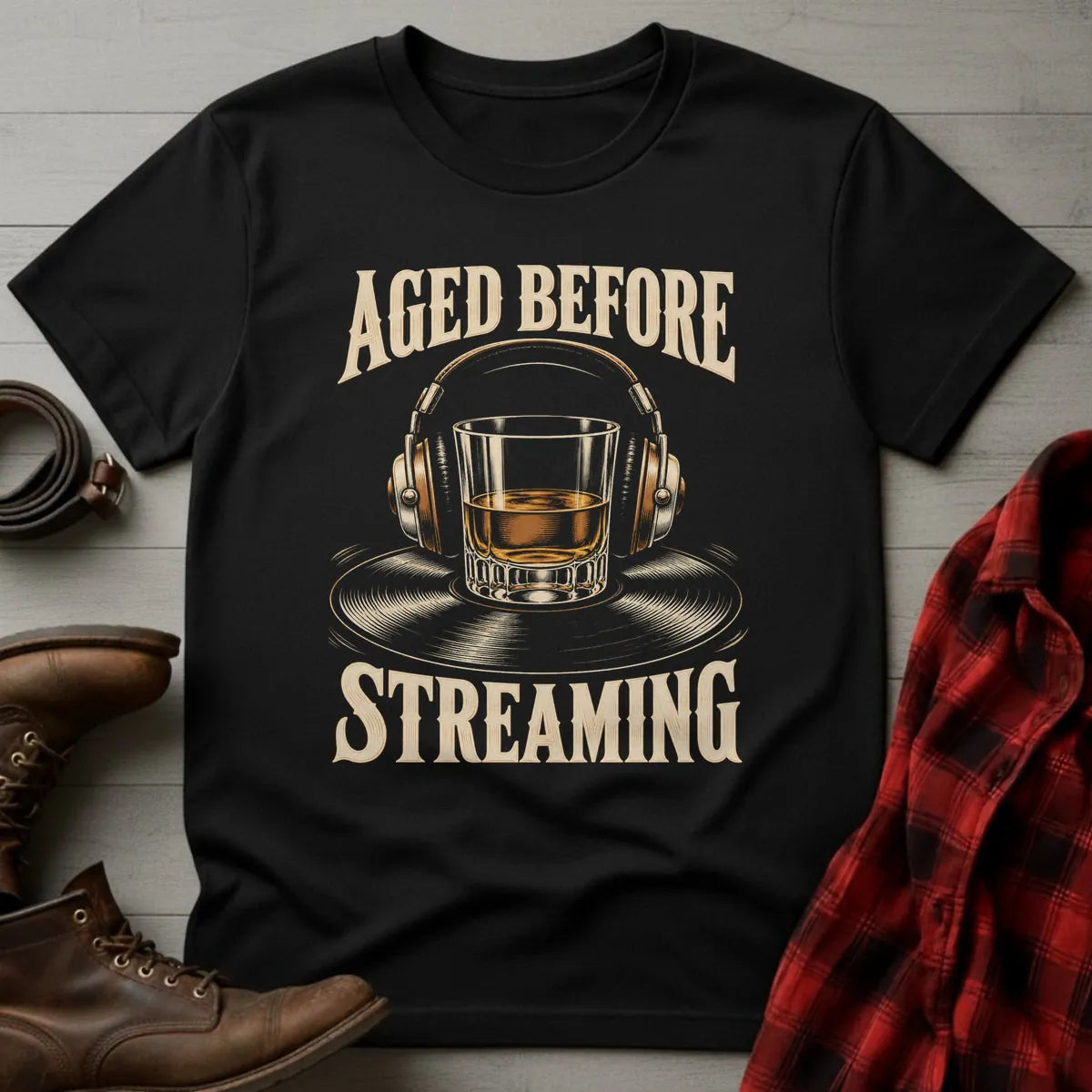 Aged Before Streaming Vinyl Whiskey T-Shirt Black / S