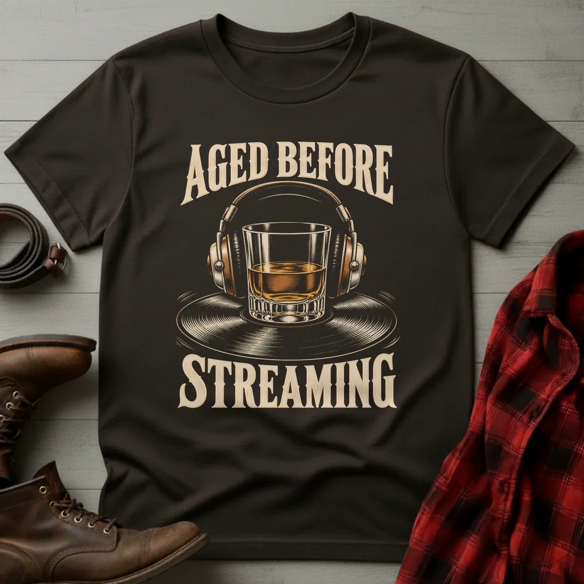 Aged Before Streaming Vinyl Whiskey T-Shirt Dark Chocolate / S