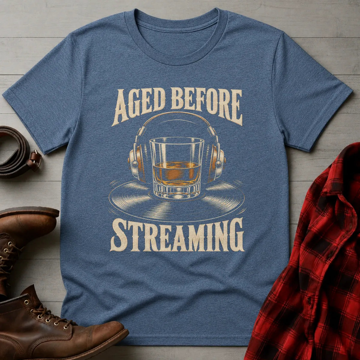 Aged Before Streaming Vinyl Whiskey T-Shirt Heather Indigo / S