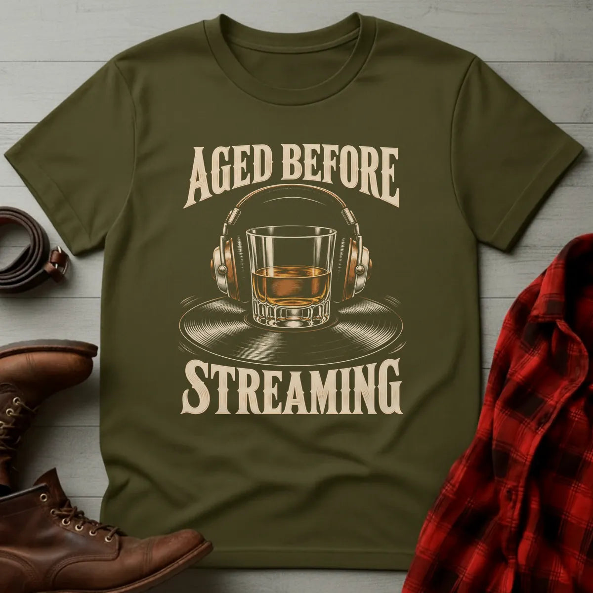 Aged Before Streaming Vinyl Whiskey T-Shirt Military Green / S