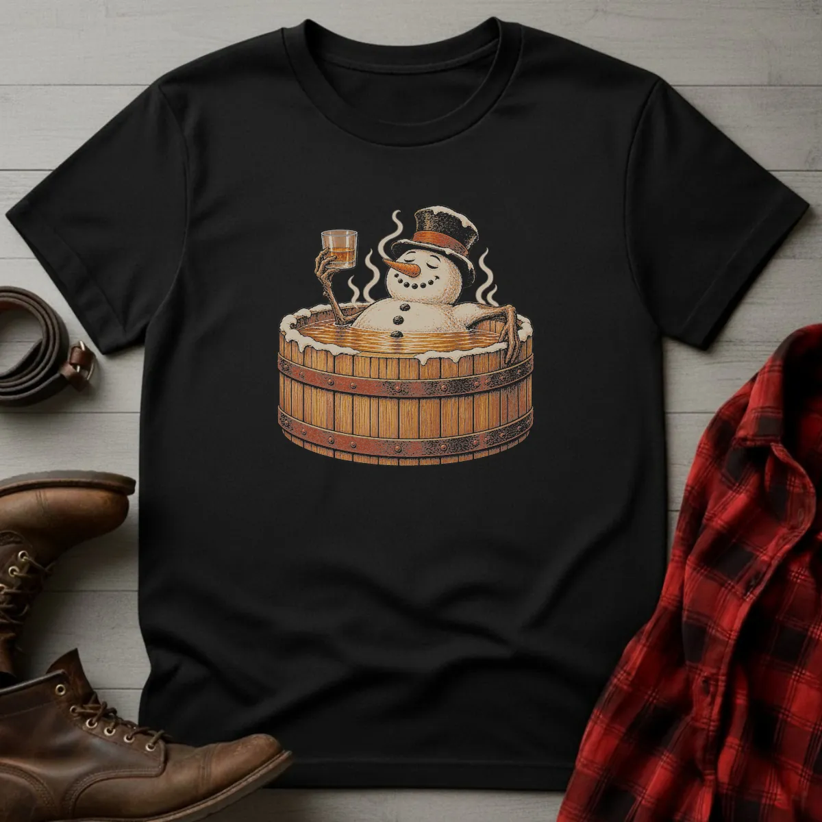 Snowman Bourbon Barrel Hot Tub T-Shirt Black / S