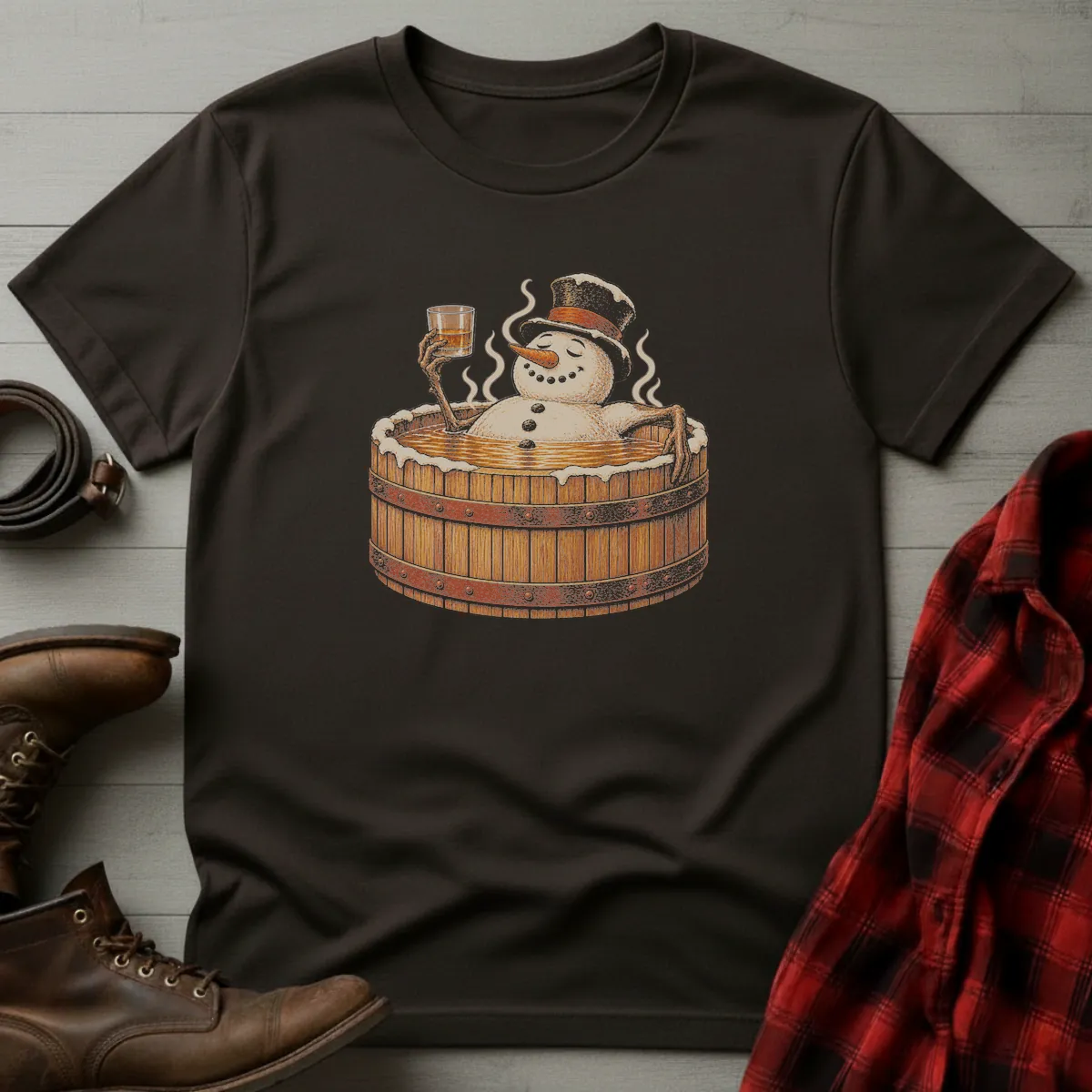 Snowman Bourbon Barrel Hot Tub T-Shirt Dark Chocolate / S