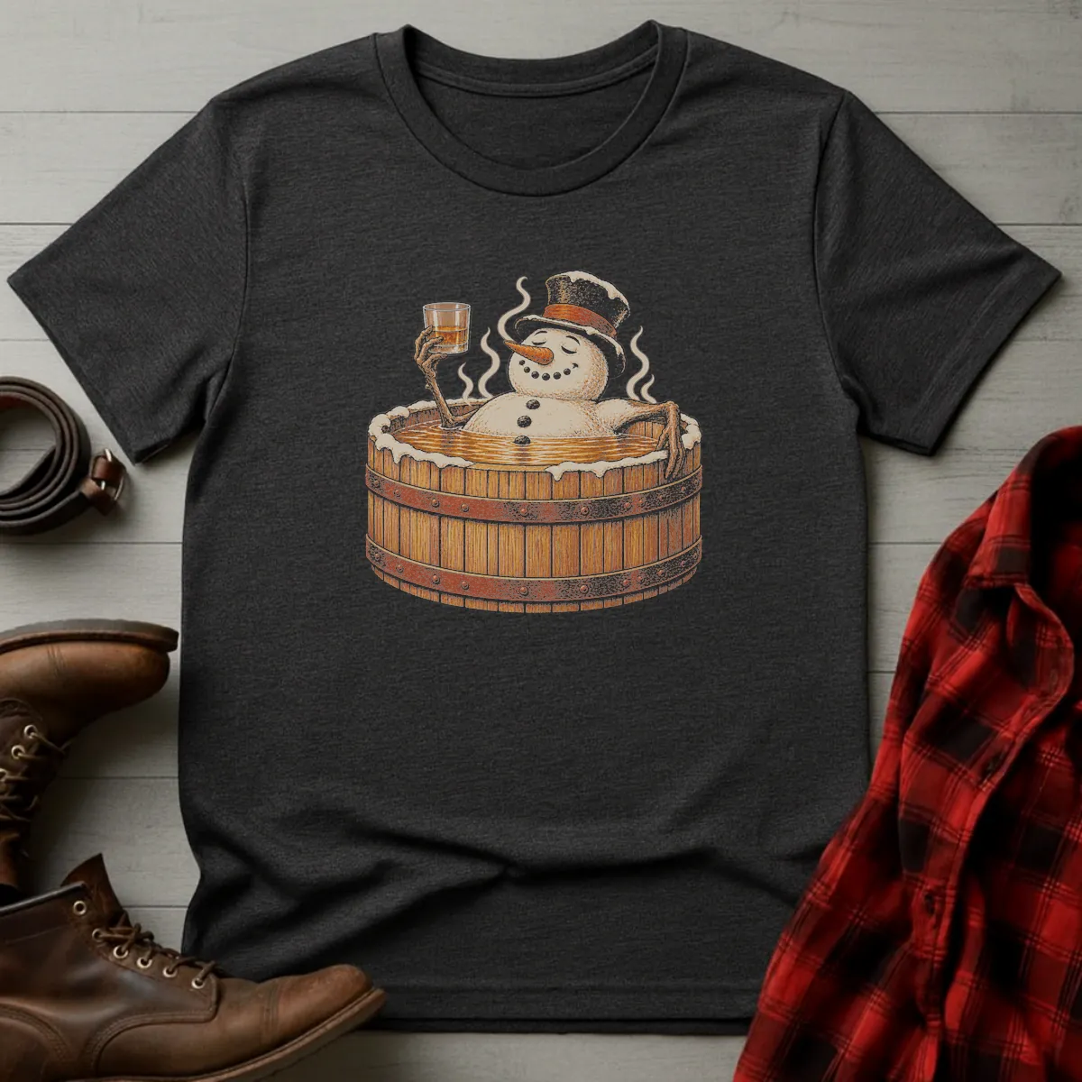 Snowman Bourbon Barrel Hot Tub T-Shirt Dark Heather / S