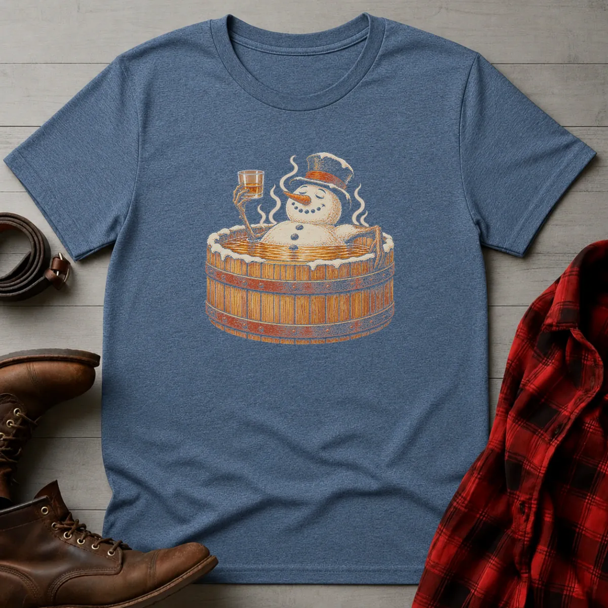 Snowman Bourbon Barrel Hot Tub T-Shirt Heather Indigo / S