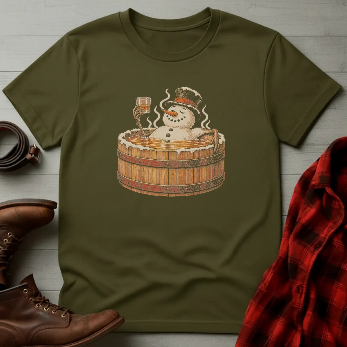 Snowman Bourbon Barrel Hot Tub T-Shirt Military Green / S