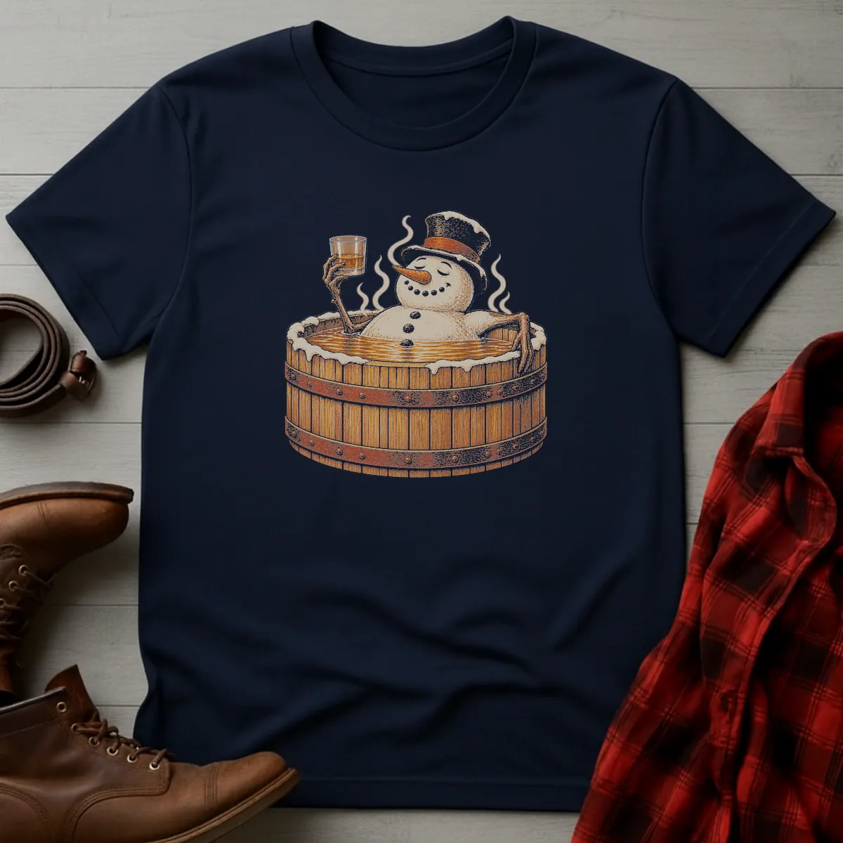 Snowman Bourbon Barrel Hot Tub T-Shirt Navy / S