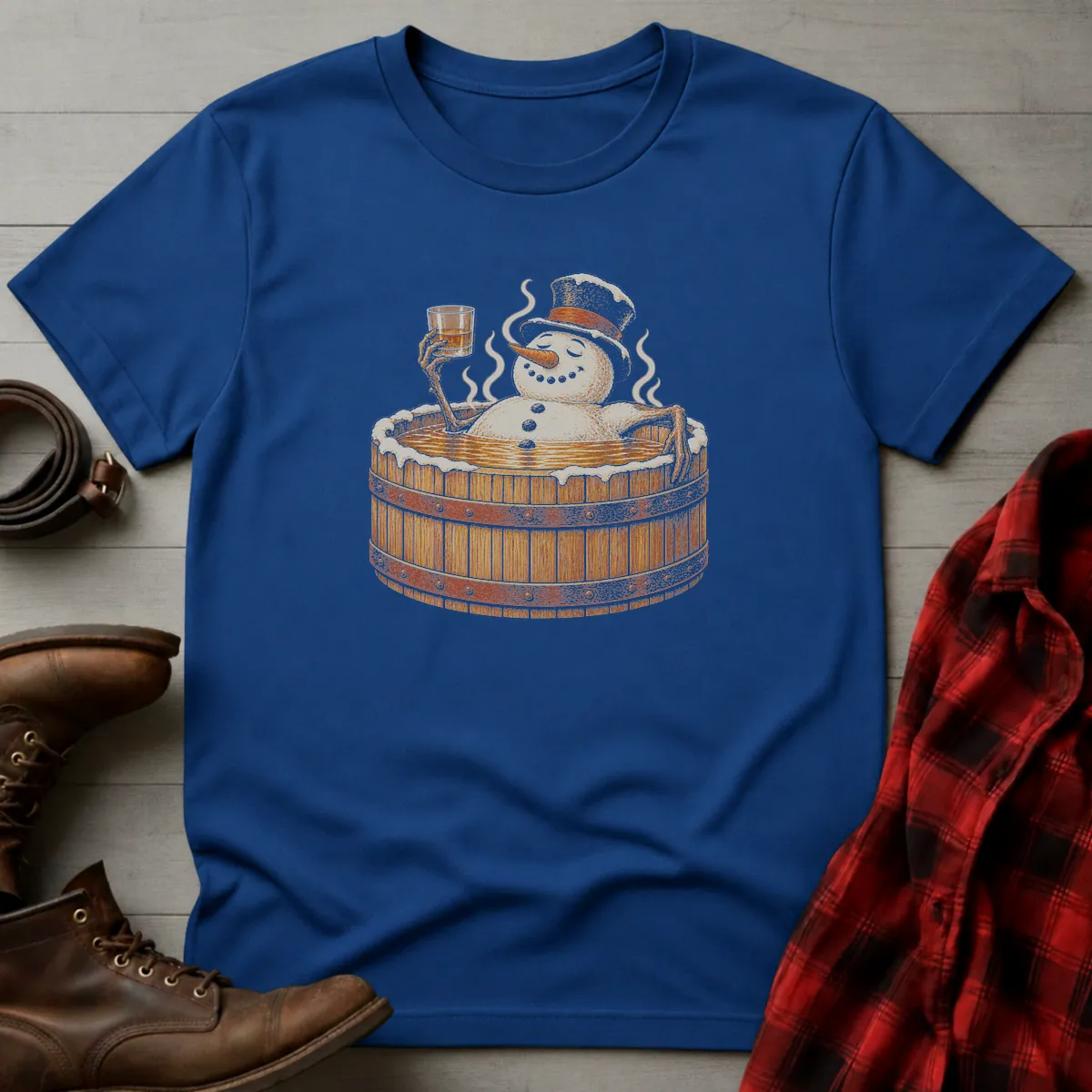 Snowman Bourbon Barrel Hot Tub T-Shirt Royal / S