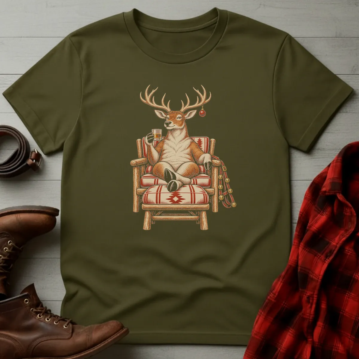 Relaxing Reindeer Whiskey Toast T-Shirt T-Shirt Military Green / S