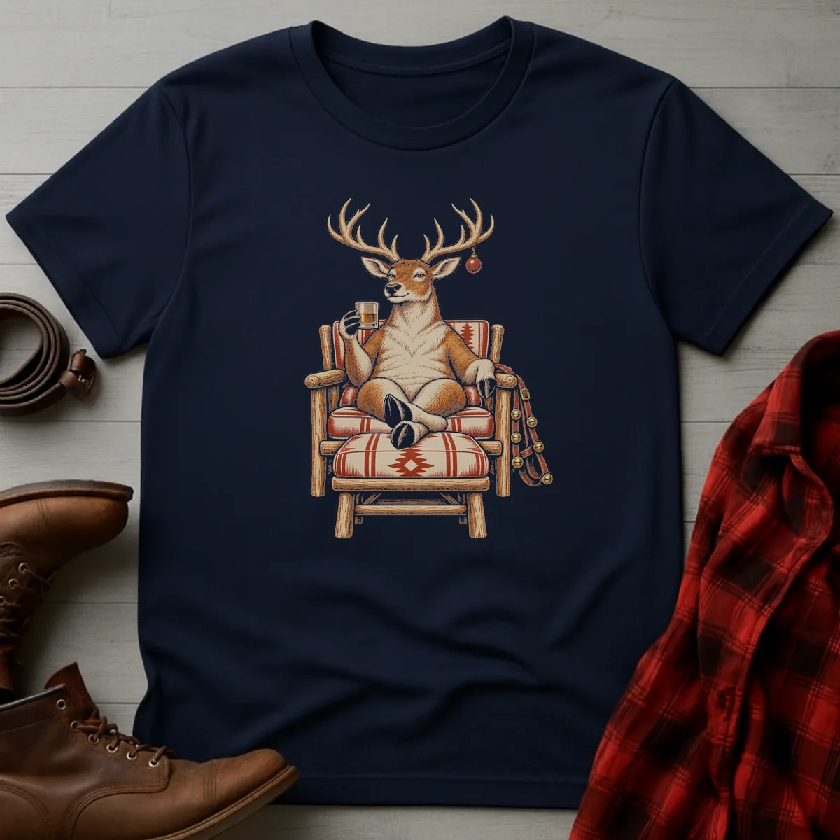 Relaxing Reindeer Whiskey Toast T-Shirt T-Shirt Navy / S